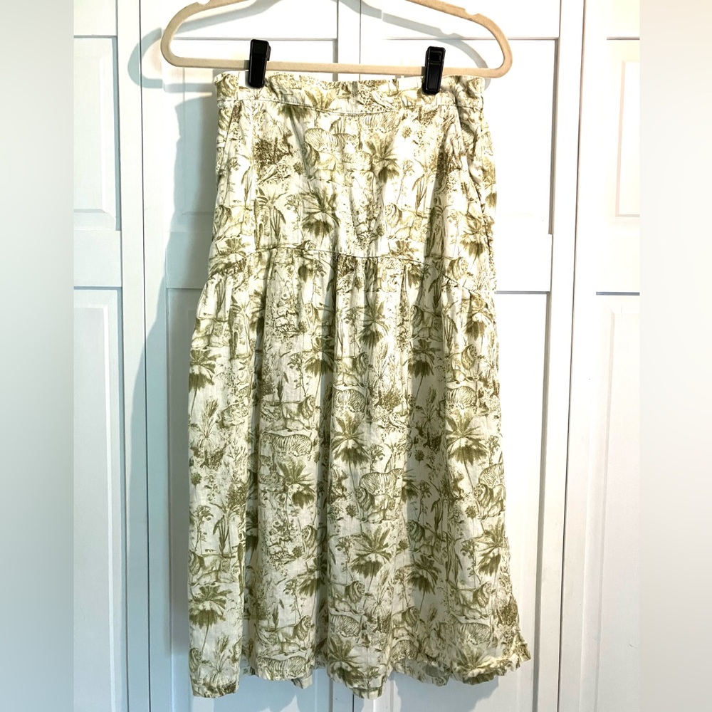 Rachel Zoe Cream and Green 100% Linen Floral Midi Skirt - Picture 2 of 4